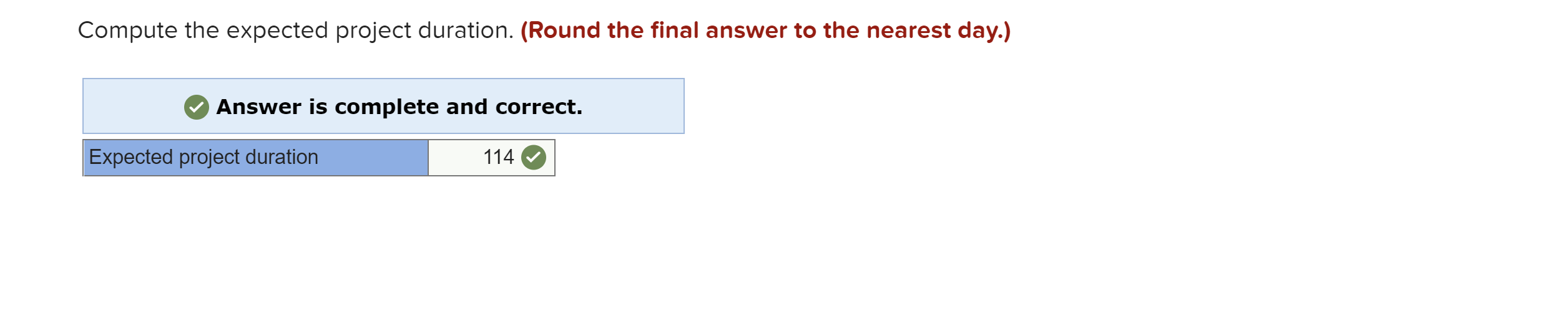 Compute the expected project duration. (Round the