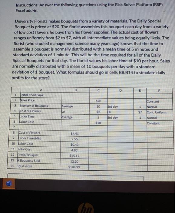 please help with excels or risk solver this is