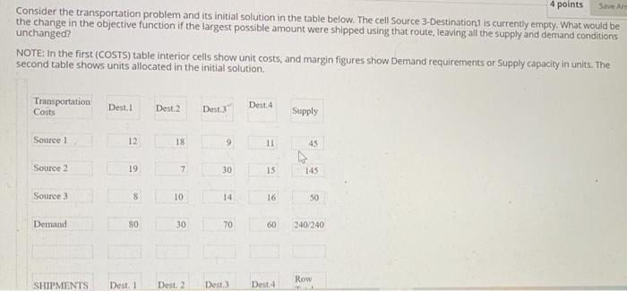 SAMA 4 points Consider the transportation problem