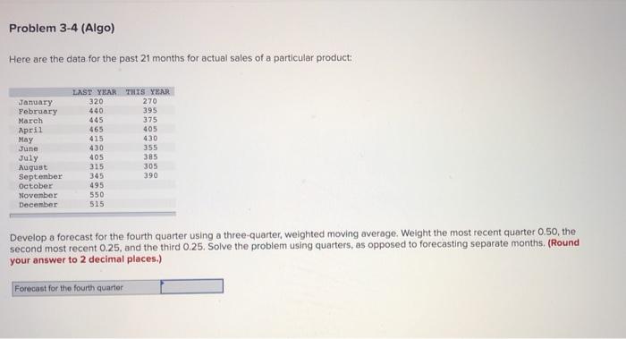 Problem 3-4 (Algo) Here are the data for the past