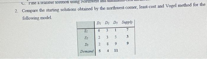 C. Fine a reasible solution using Noruiwest: 2.