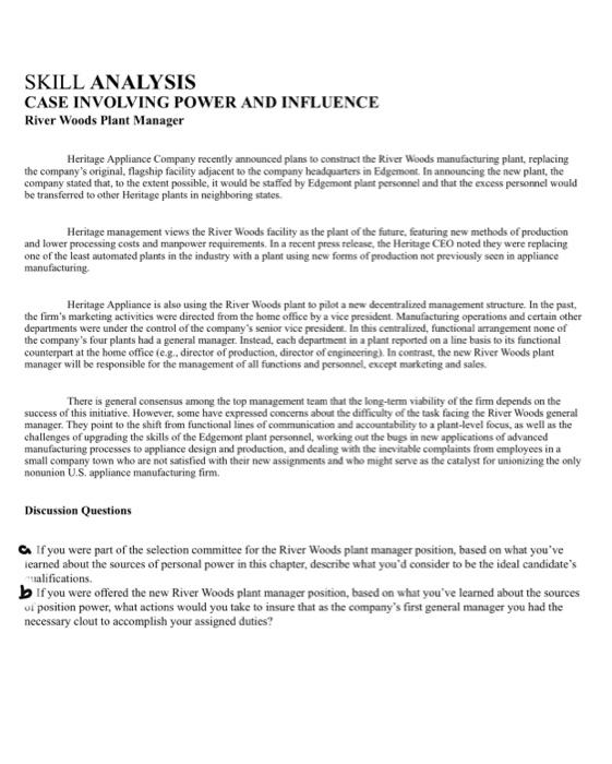 please answer a and b SKILL ANALYSIS CASE