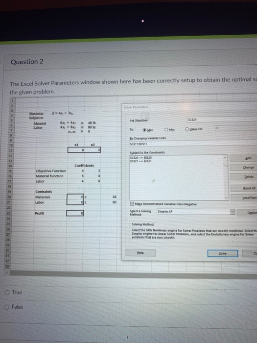 Question 2 The Excel Solver Parameters window