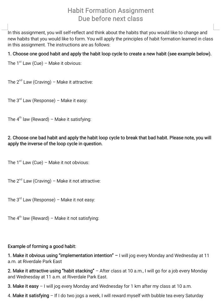 Habit Formation Assignment Due before next class