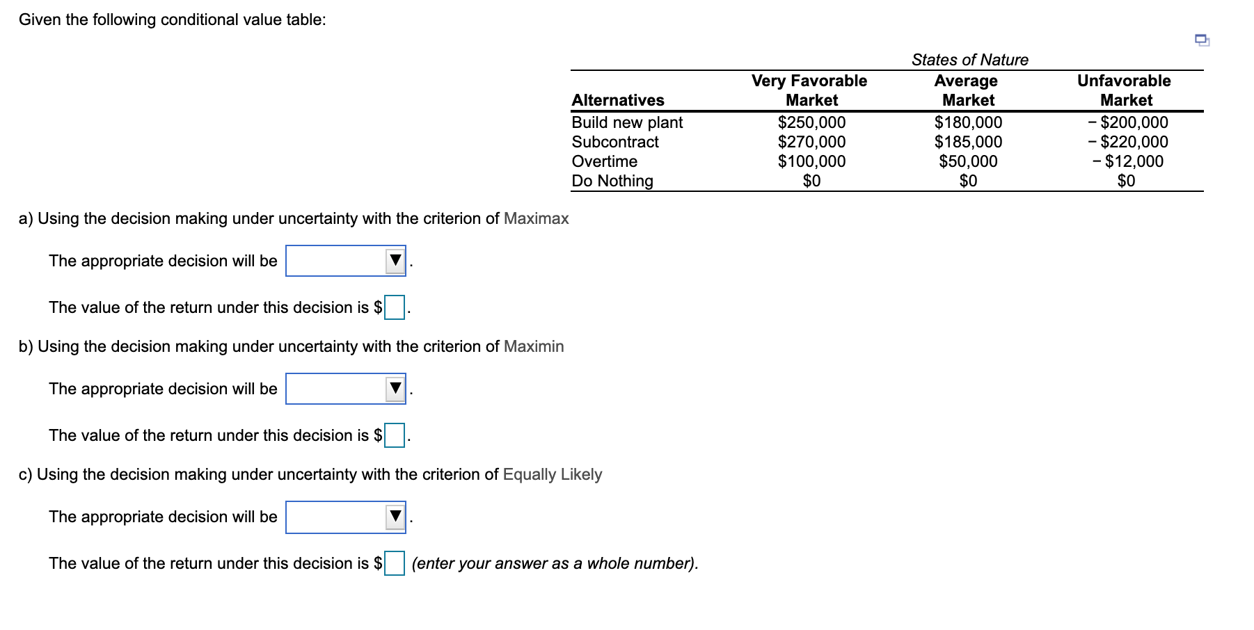 Given the following conditional value table: .