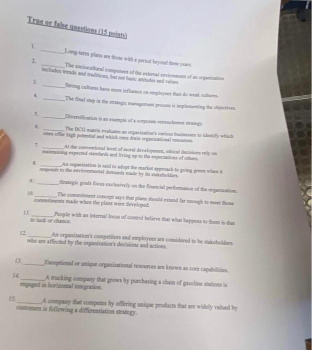 True or false questions (15 points) Long-term