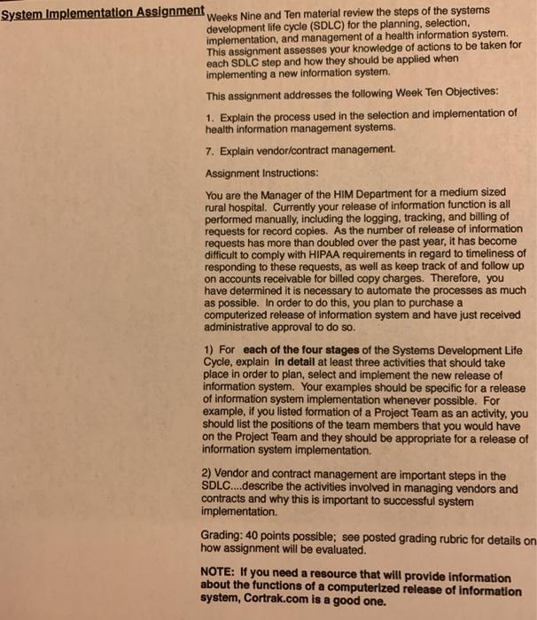 System Implementation Assignment Weeks Nine and