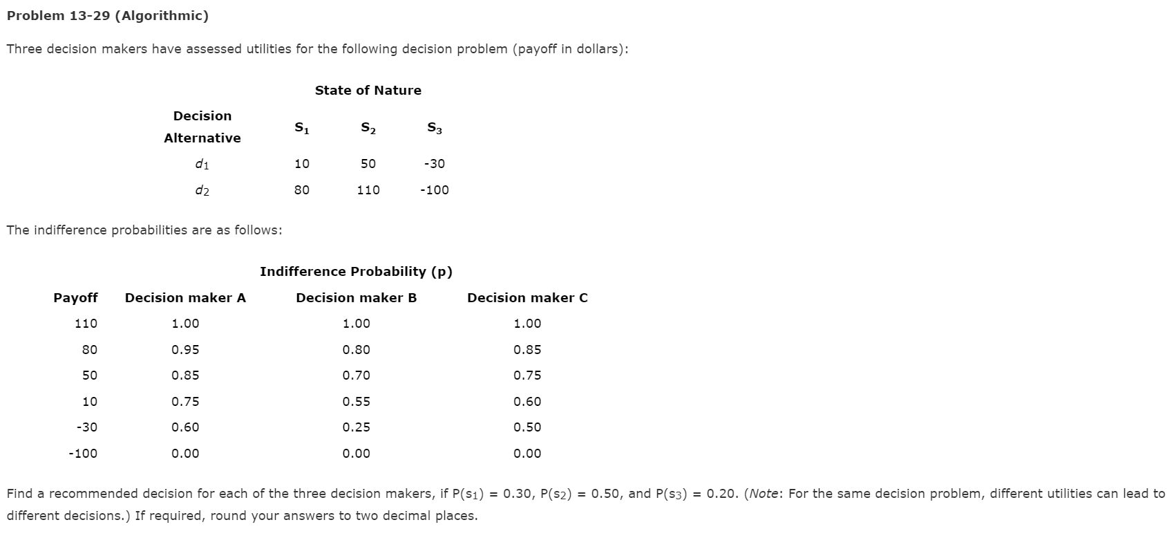 Problem 13-29 (Algorithmic) Three decision makers