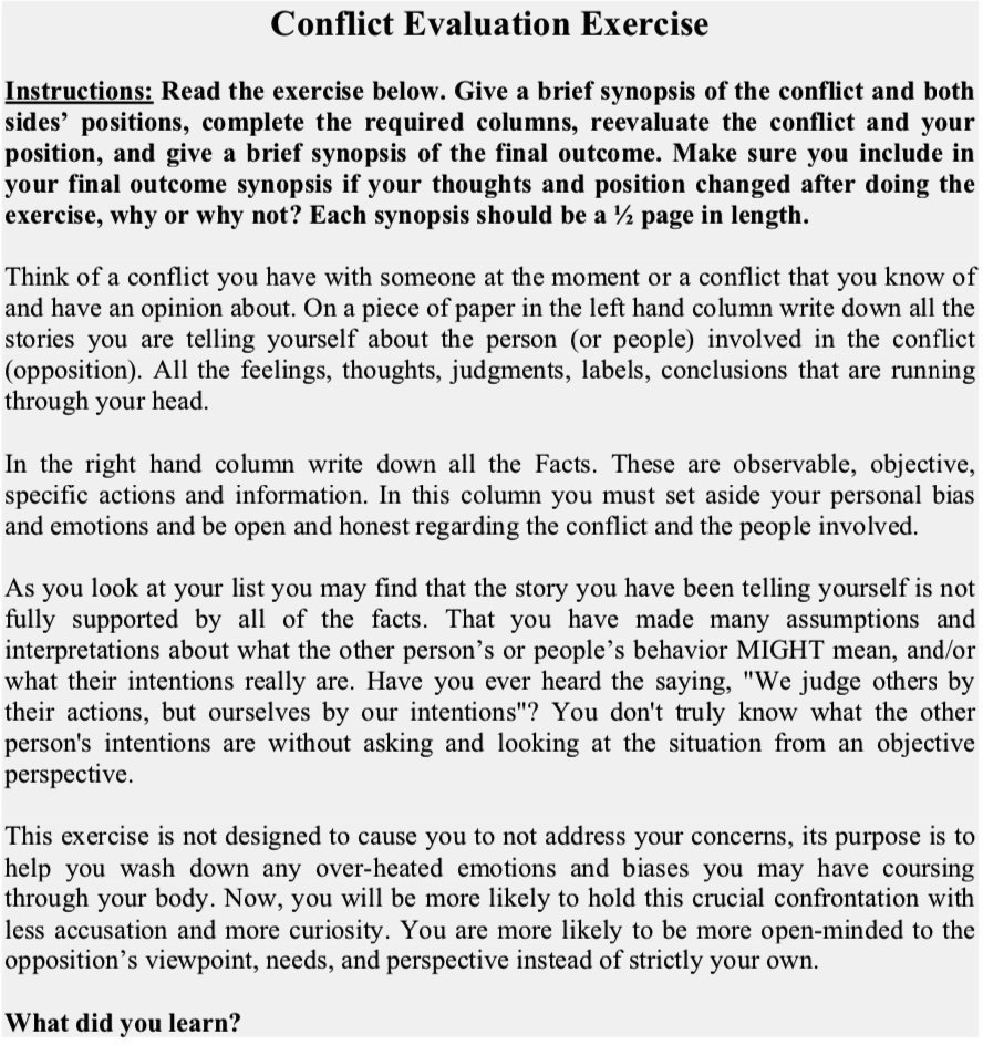 Conflict Evaluation Exercise Instructions: Read