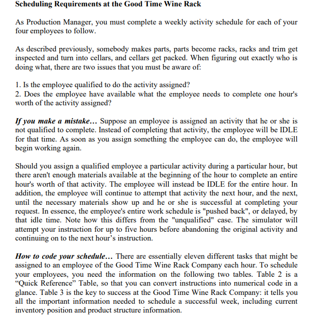 Scheduling Requirements at the Good Time Wine