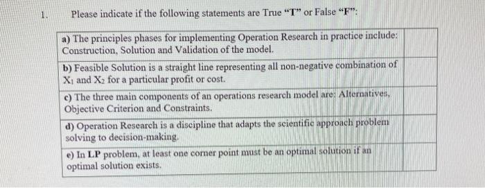 1. Please indicate if the following statements