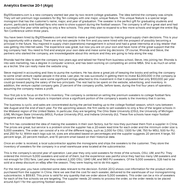 Analytics Exercise 20-1 (Algo) Big1OSweaters.com