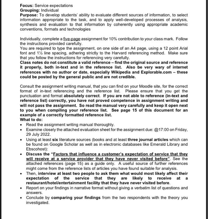 Focus: Service expectations Grouping: Individual