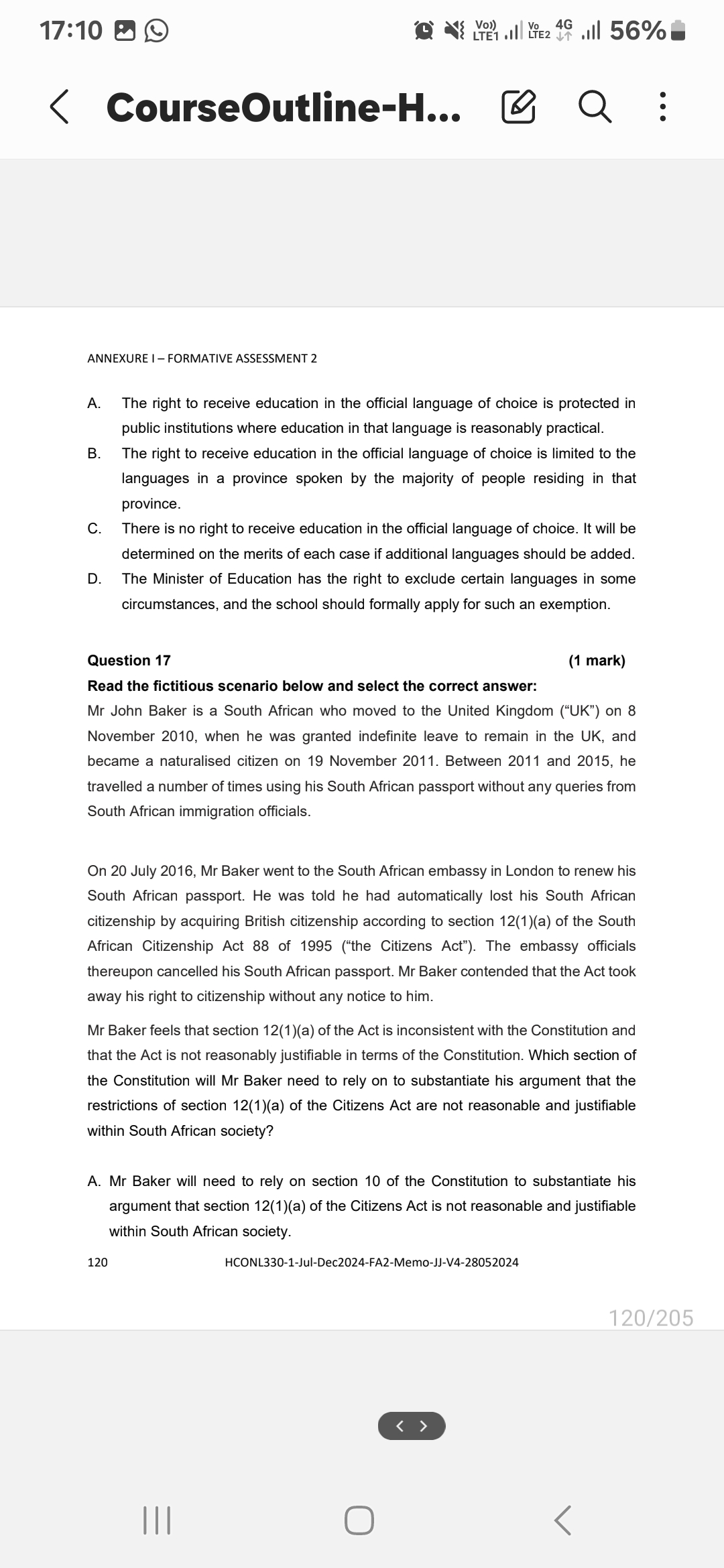 17:10 B (O N Dl 0l 56% @ { CourseOutline-H... Q :