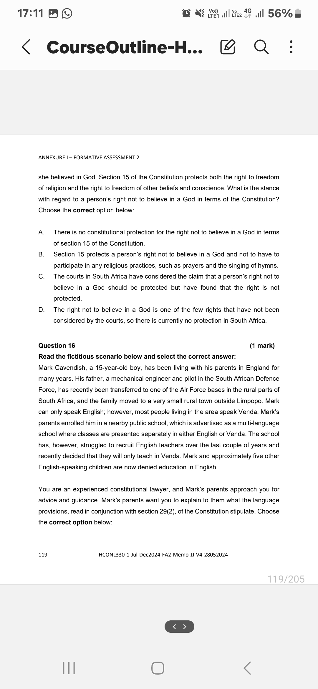 17:10 B (O N Dl 0l 56% @ { CourseOutline-H... Q :