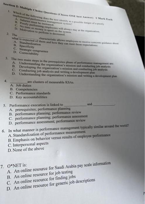 Section 1: Multiple Choice Questions (Choose ONE