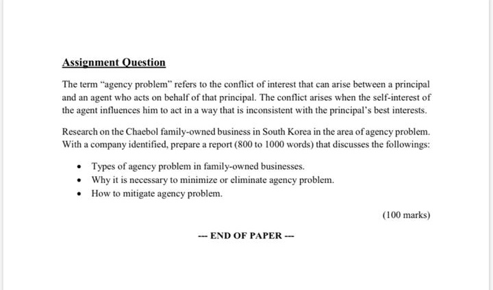 Assignment Question The term "agency problem"