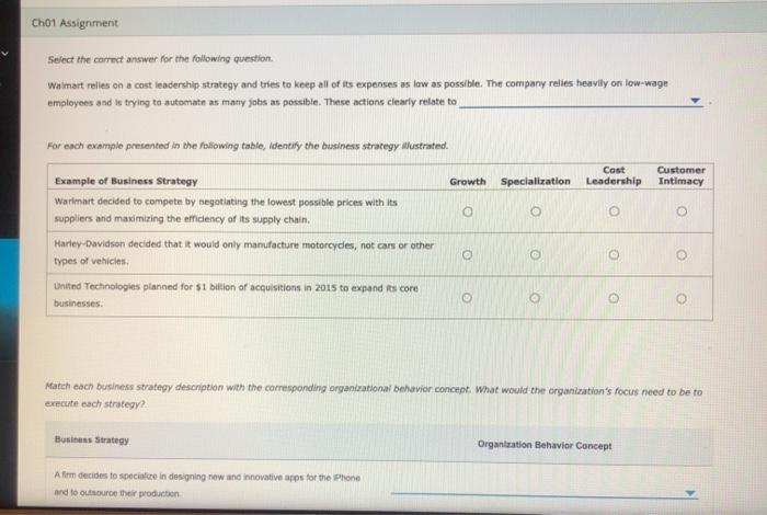 Cho1 Assignment Select the correct answer for the