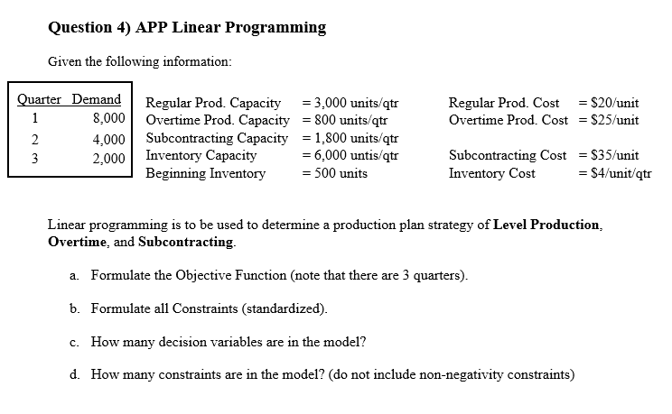 Question 4) APP Linear Programming Given the
