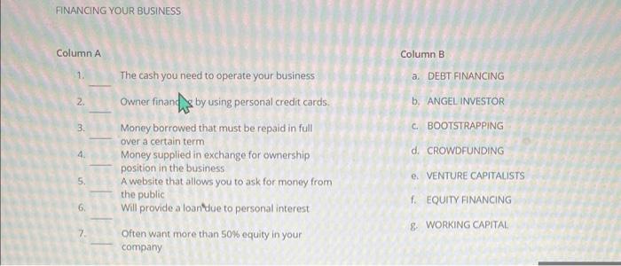 Column A Column B 1. The cash you need to operate