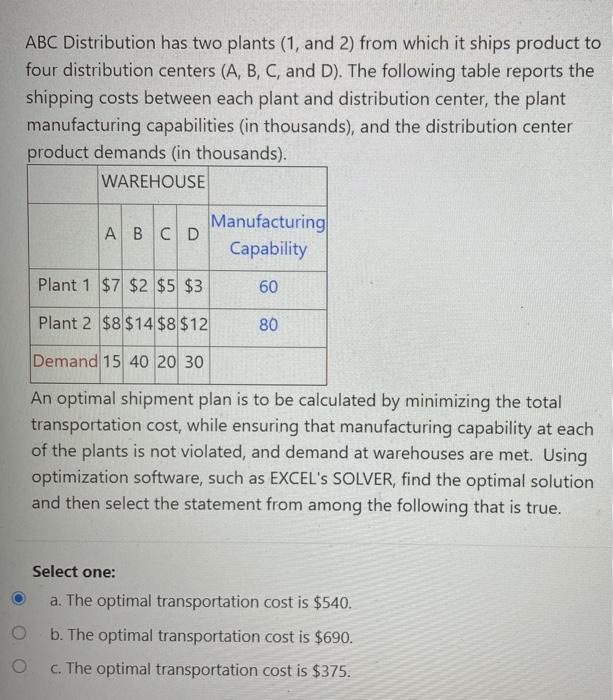 ABC Distribution has two plants (1, and 2) from