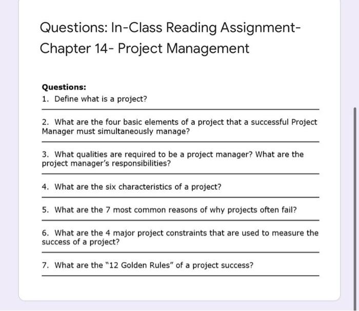 Questions: In-Class Reading Assignment- Chapter