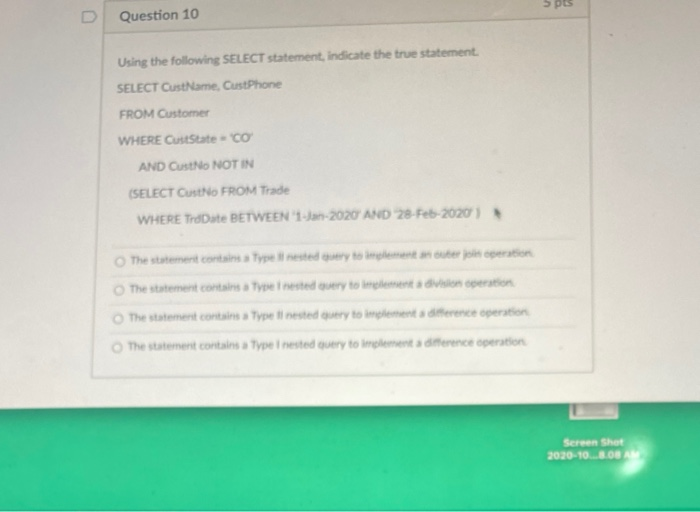 Sp Question 10 Using the following SELECT
