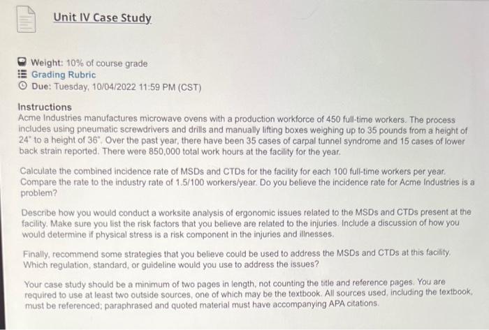 Unit IV Case Study. Weight: 10% of course grade