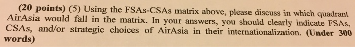 (20 points) (5) Using the FSAs-CSAs matrix above,