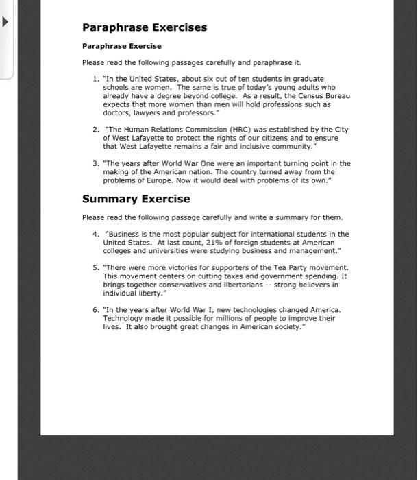 Paraphrase Exercises Paraphrase Exercise Please