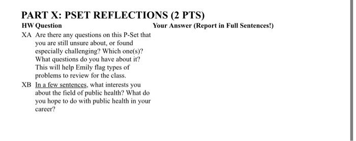 PART X: PSET REFLECTIONS (2 PTS) HW Question Your