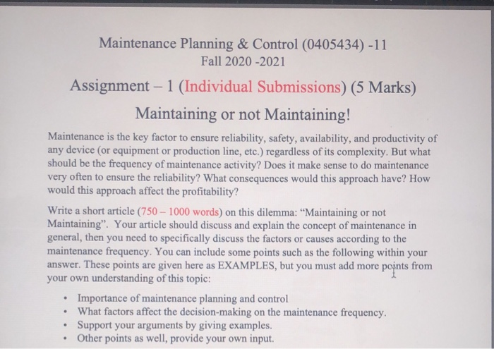 Maintenance Planning & Control (0405434) -11 Fall