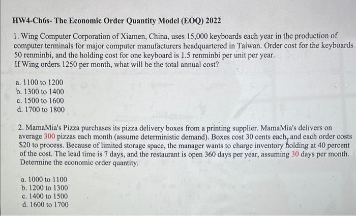 #1 HW4-Ch6s- The Economic Order Quantity Model