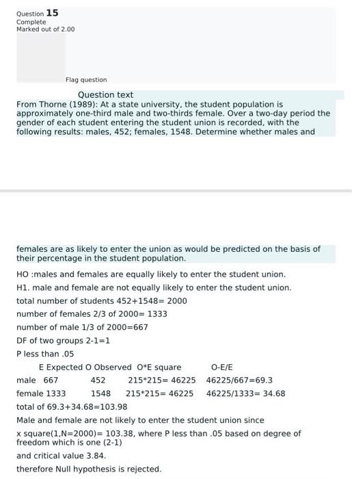 Question 15 Complete Marked out of 2.00 Flag