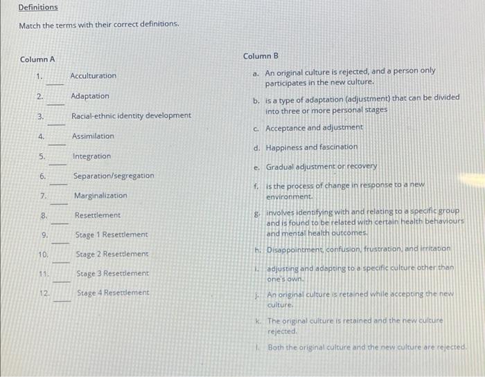 Definitions Match the terms with their correct