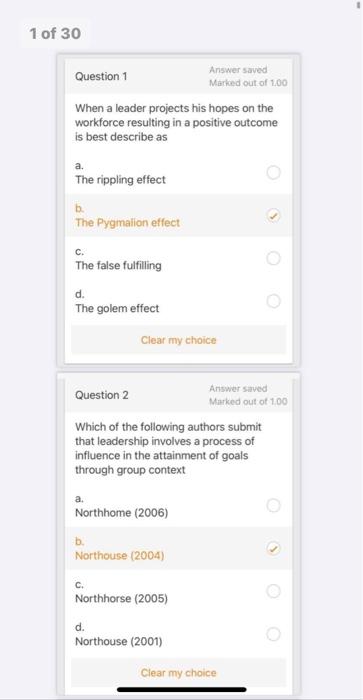1 of 30 Answer saved Question 1 Mariced out of
