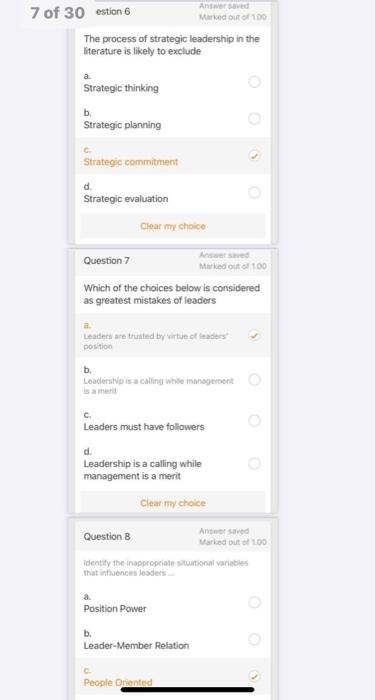 1 of 30 Answer saved Question 1 Mariced out of
