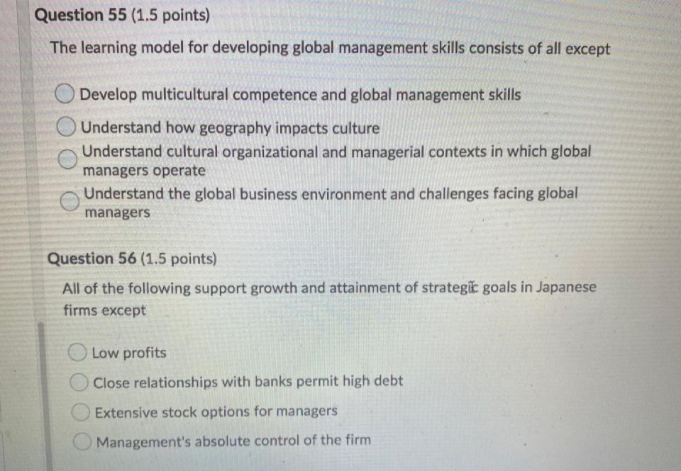 Question 55 (1.5 points) The learning model for