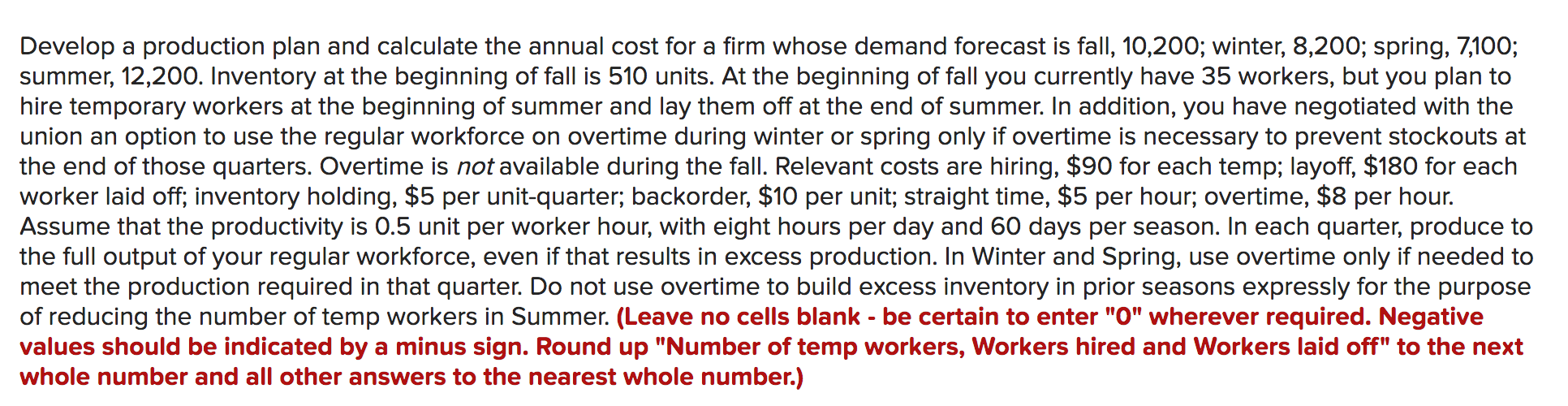 Develop a production plan and calculate the