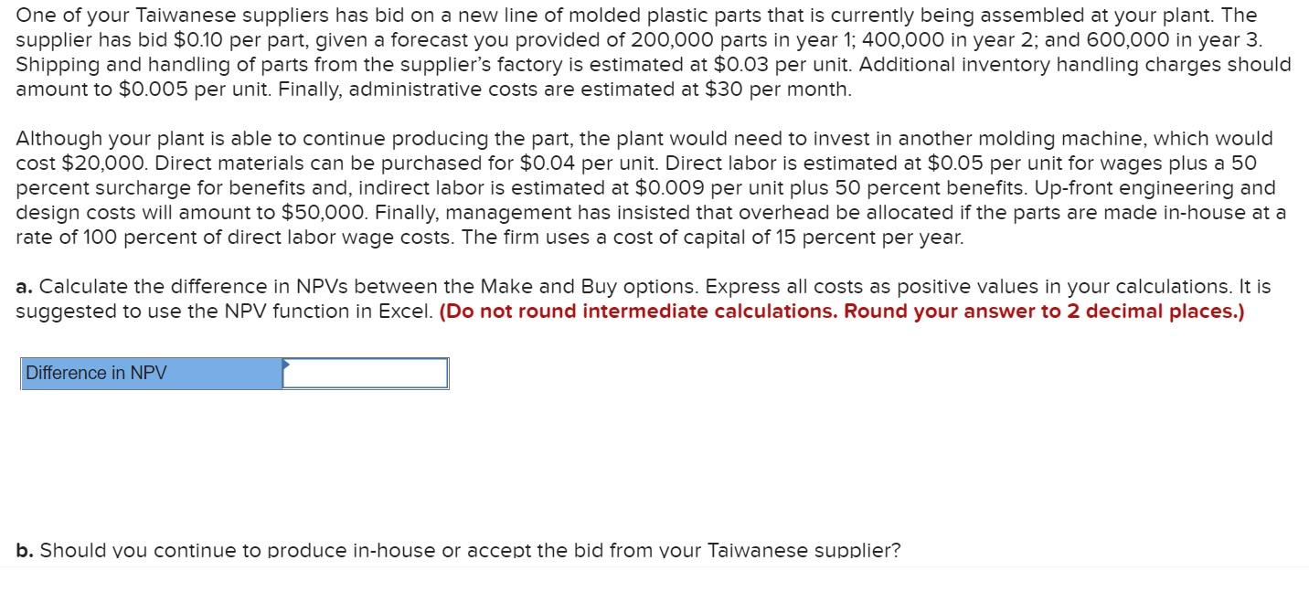 One of your Taiwanese suppliers has bid on a new