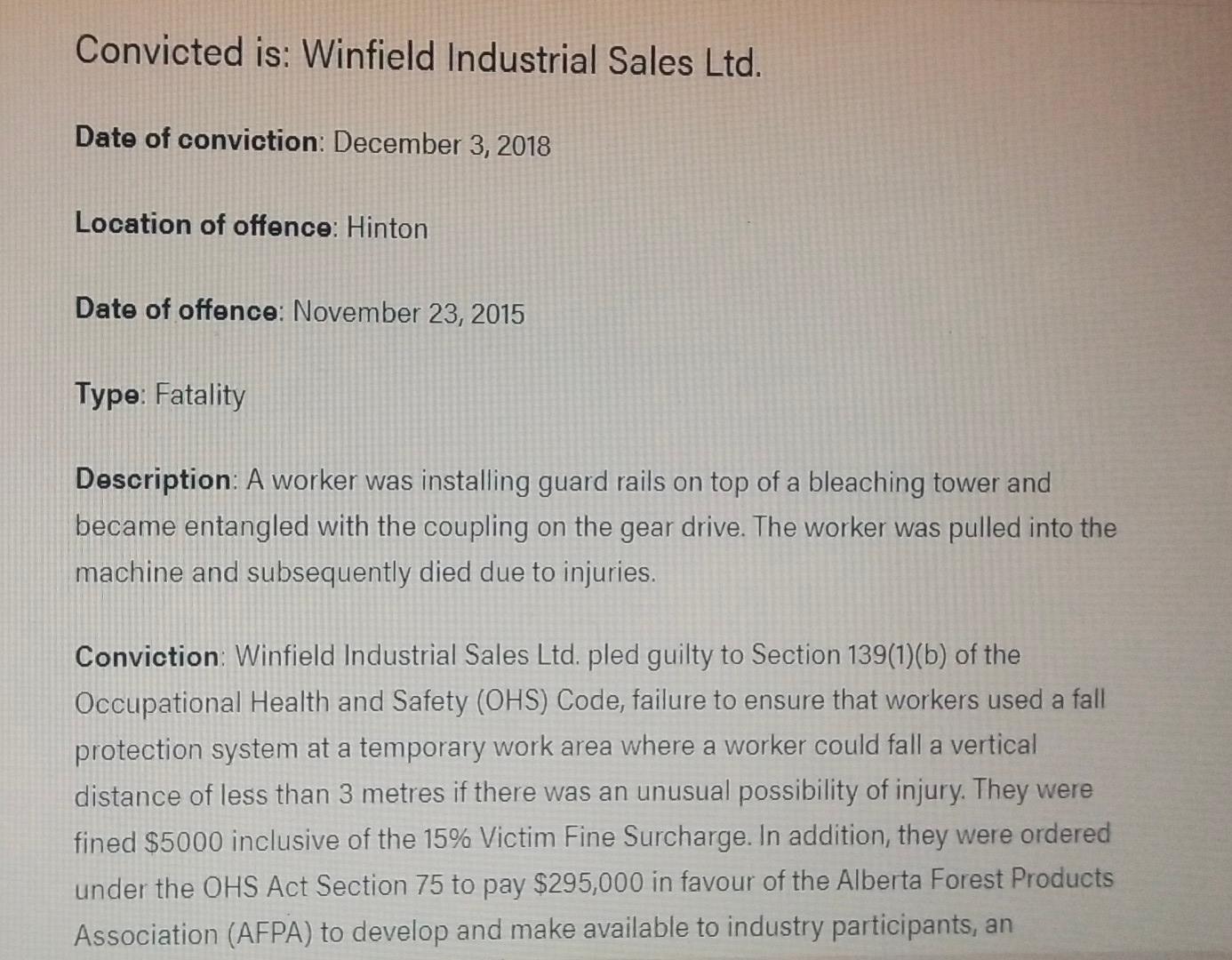 Convicted is: Winfield Industrial Sales Ltd. Date