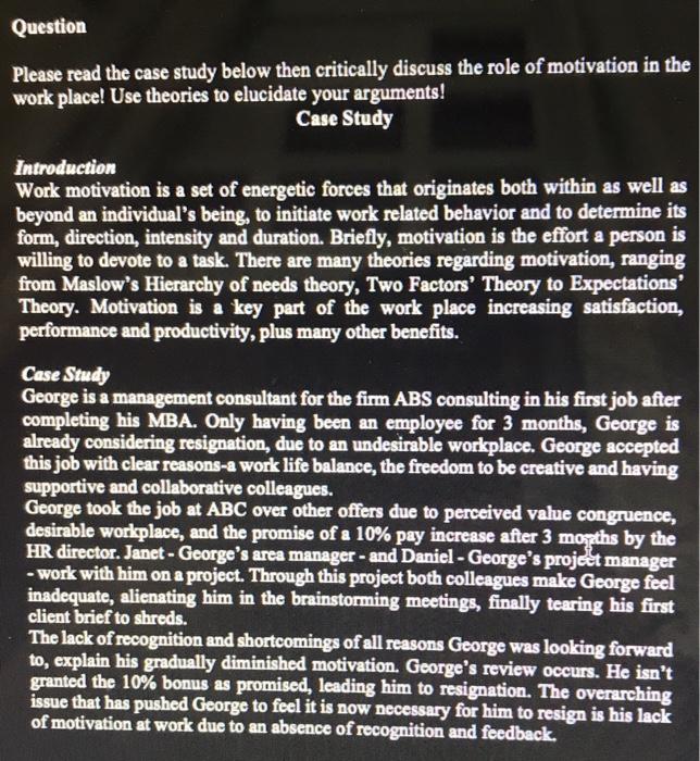 Question Please read the case study below then