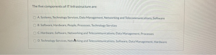 The five components of IT Infrastructure are: O A