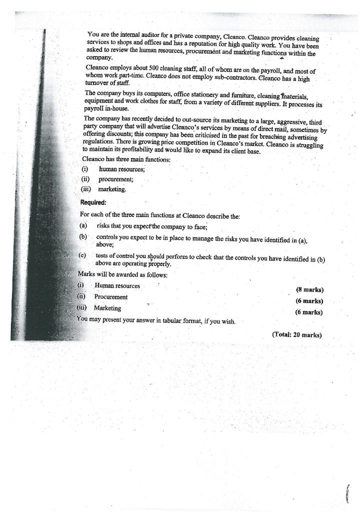 Internal Auditing You are the internal auditor