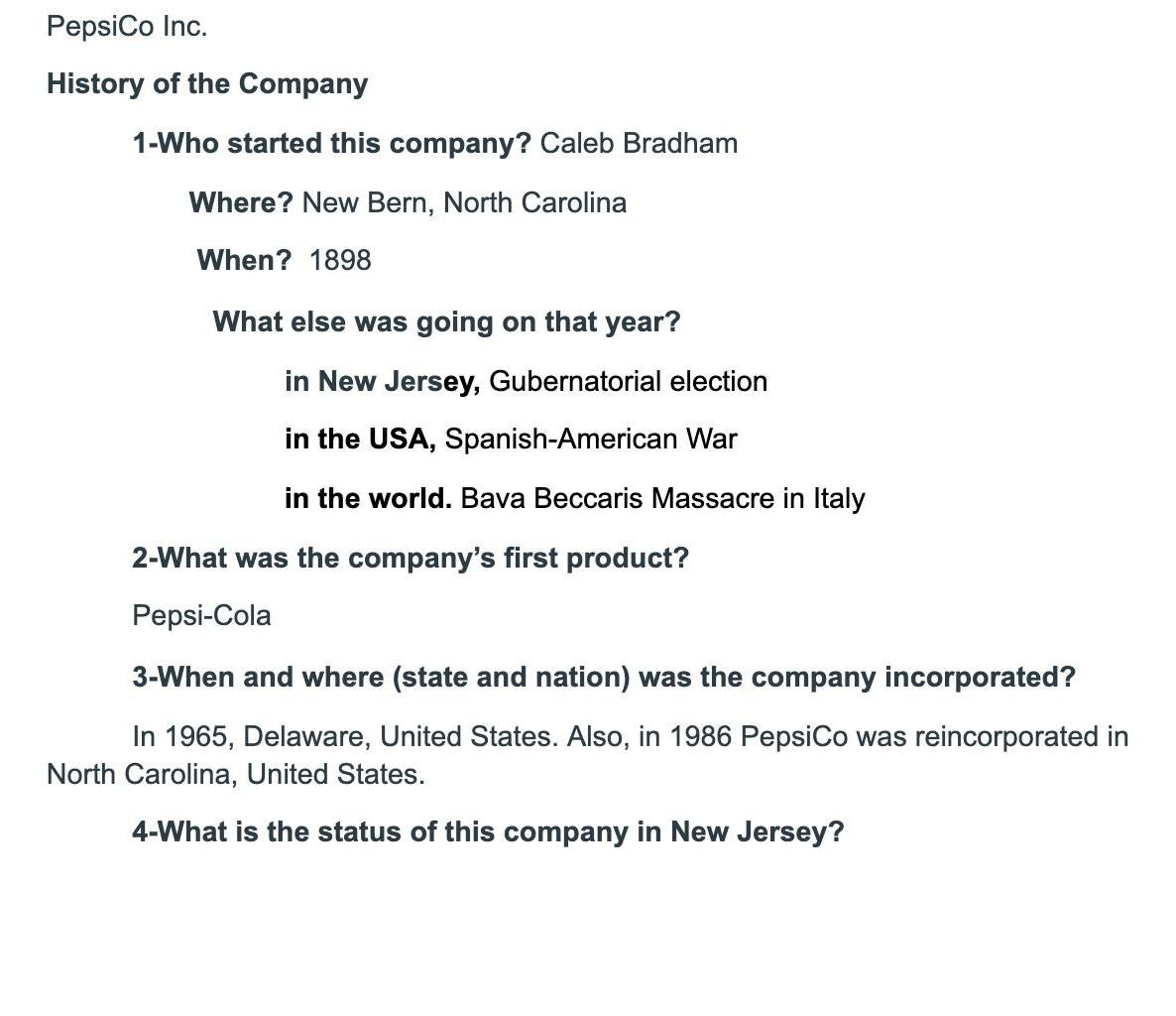 What is the status of PepsiCo in New Jersey? I
