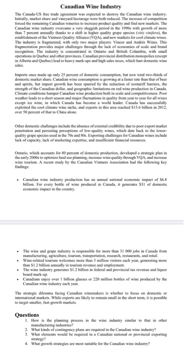 Canadian Wine Industry The Canada-US free trade