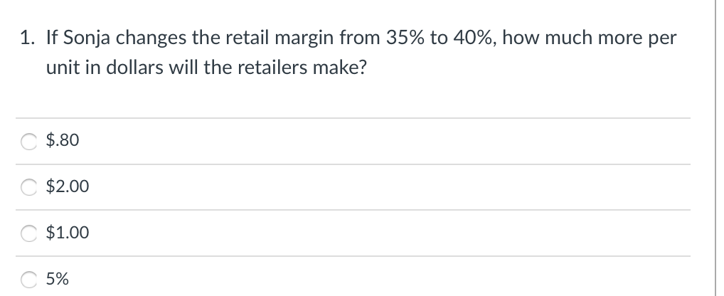 1. If Sonja changes the retail margin from 35% to