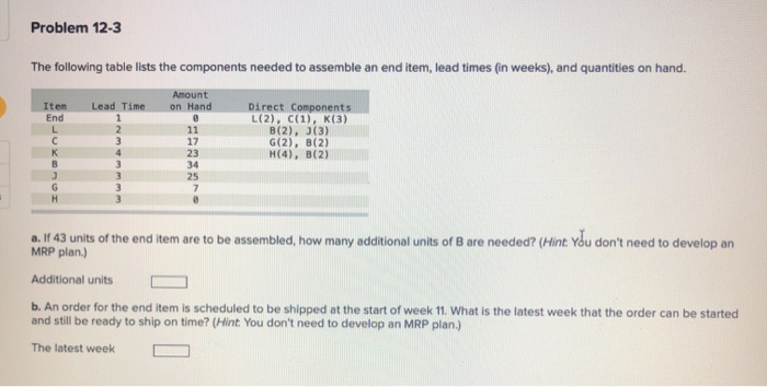 Problem 12-3 The following table lists the