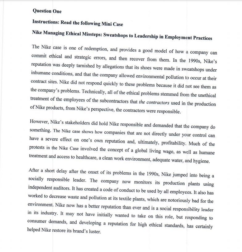 Question One Instructions: Read the following