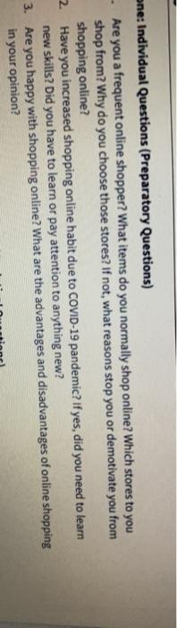 one: Individual Questions (Preparatory Questions)